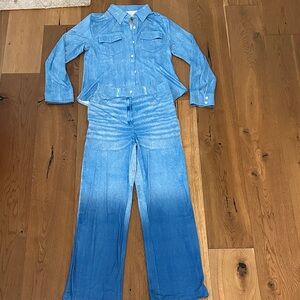 New women’s Blue Denim print Shirt and Pants Set. Printed, stretch fabric.